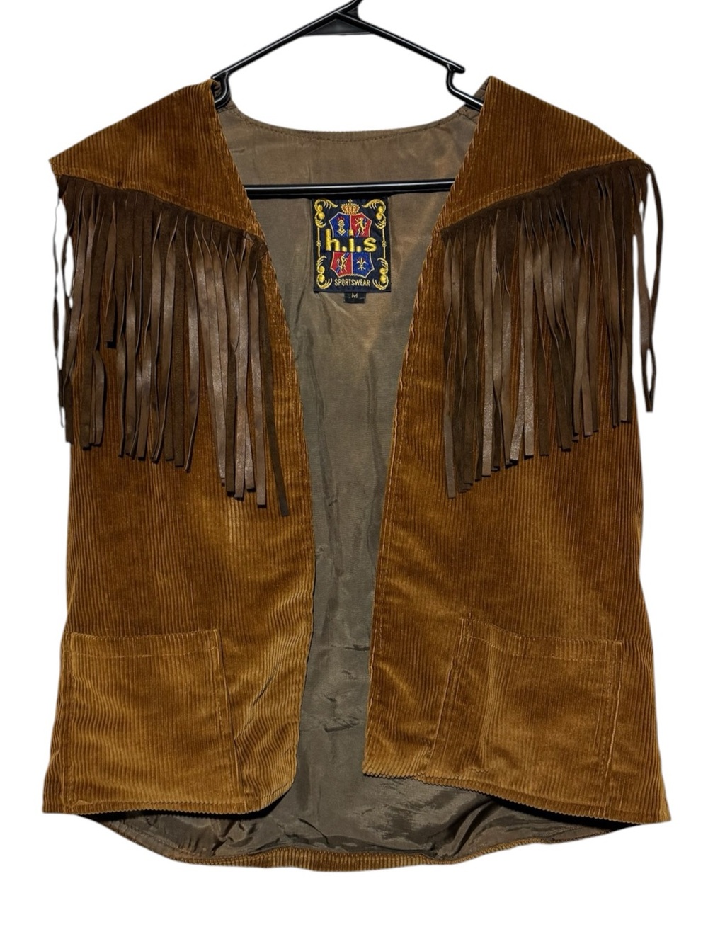 Vintage Corduroy Leather Fringe Vest Men Size Medium Brown Fall Western Cowboy